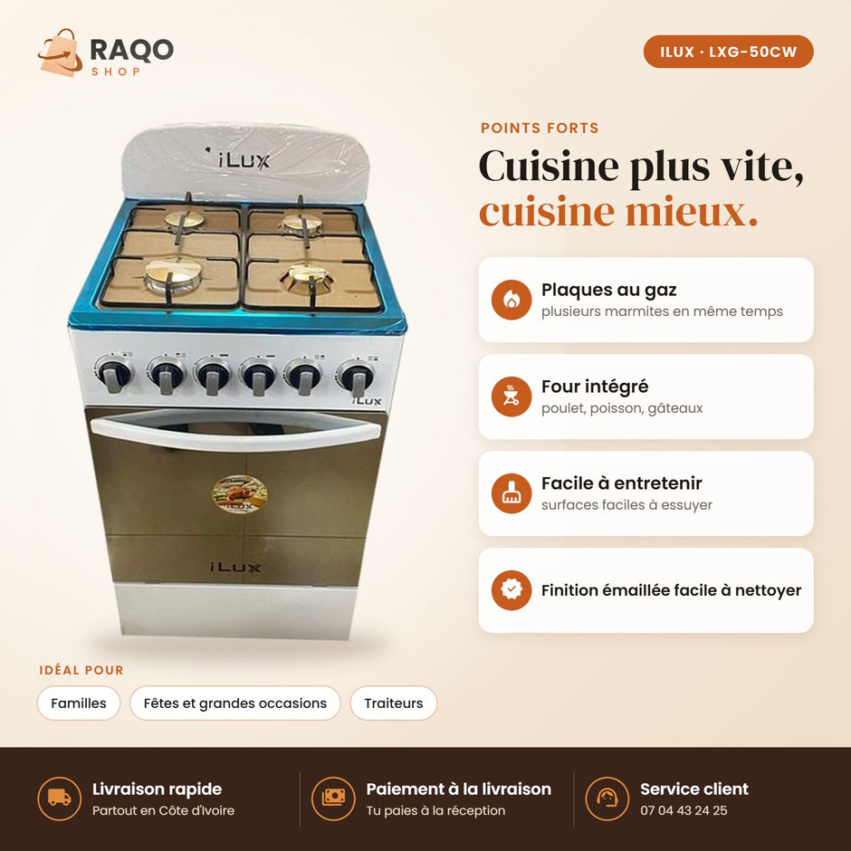 Cuisinière à Gaz iLUX – 4 Feux – Inox – Blanc - RAQO (points forts)