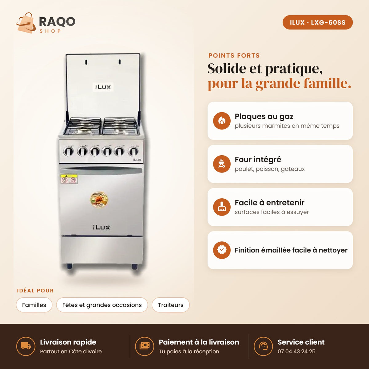 Cuisinière à Gaz iLUX – 4 Feux – Inox - RAQO (points forts)