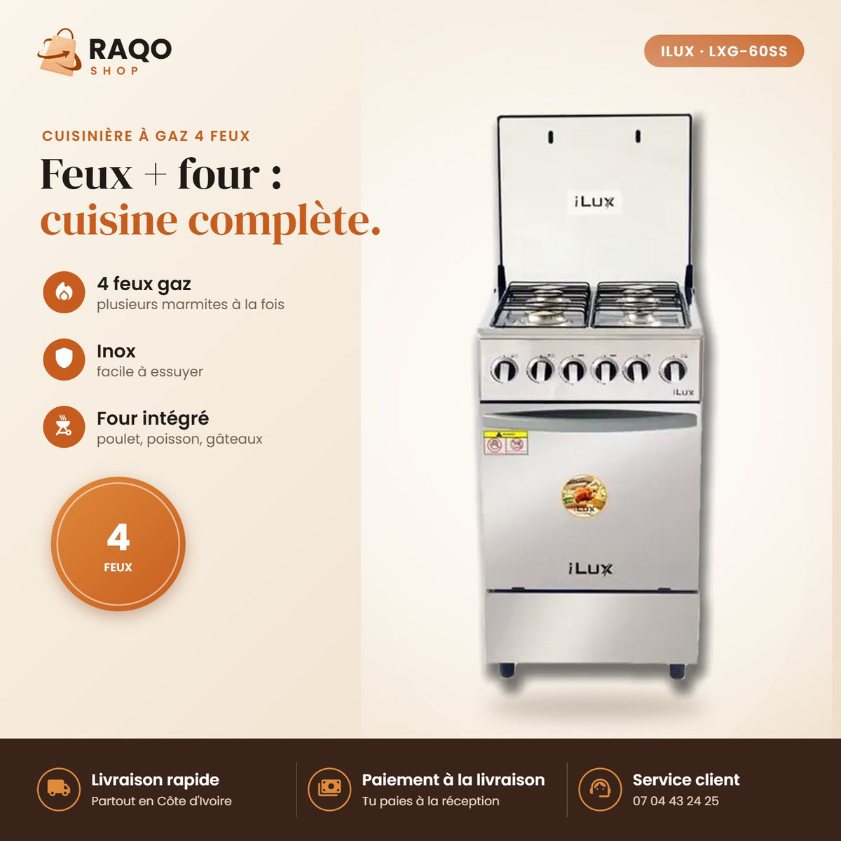 Cuisinière à Gaz iLUX – 4 Feux – Inox - RAQO