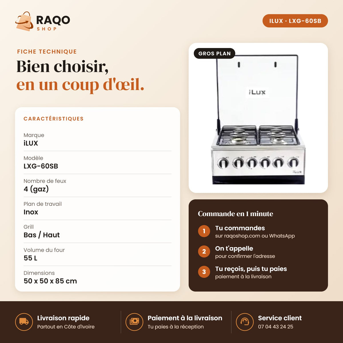 Cuisinière à Gaz iLUX – 4 Feux – Noir - RAQO (fiche technique)