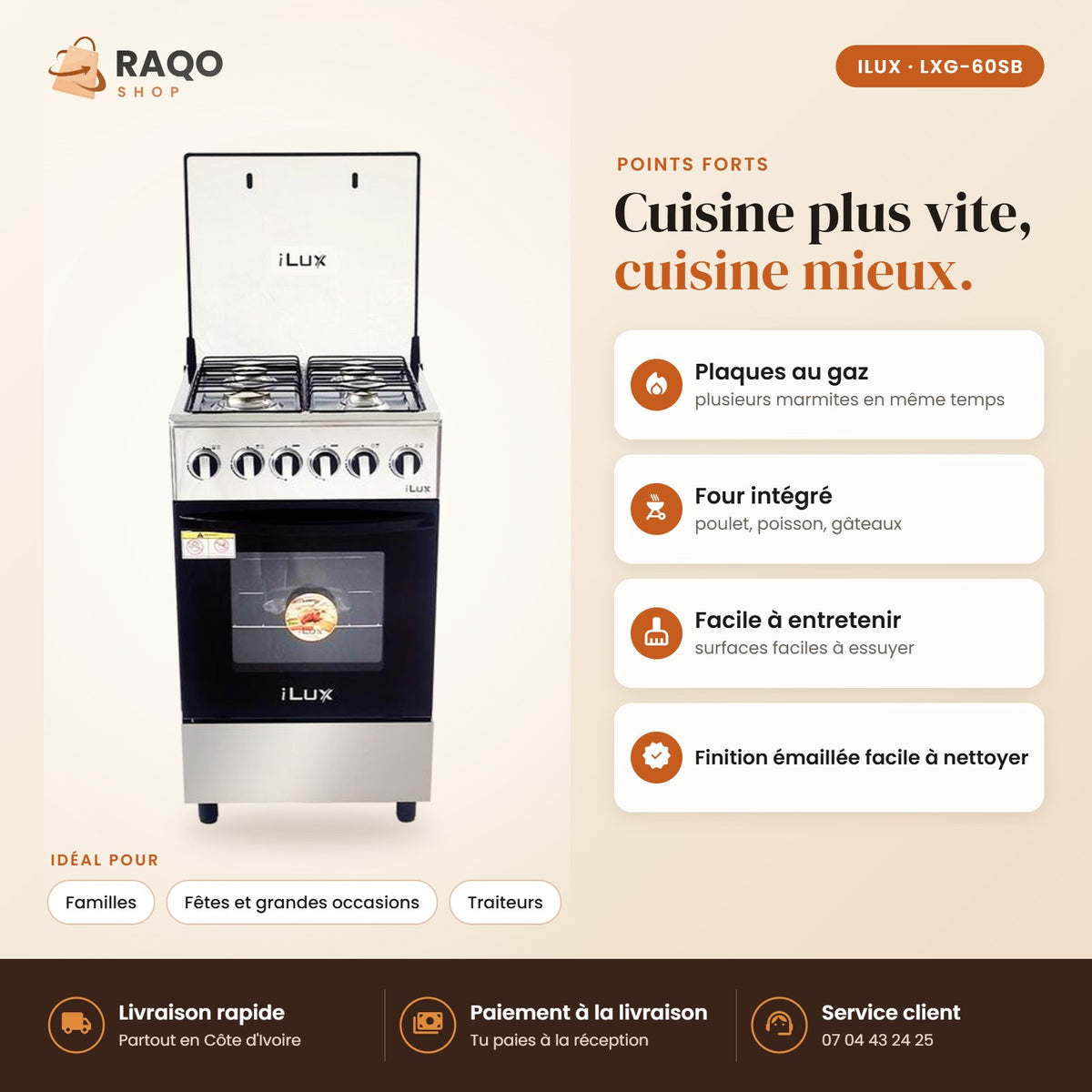 Cuisinière à Gaz iLUX – 4 Feux – Noir - RAQO (points forts)