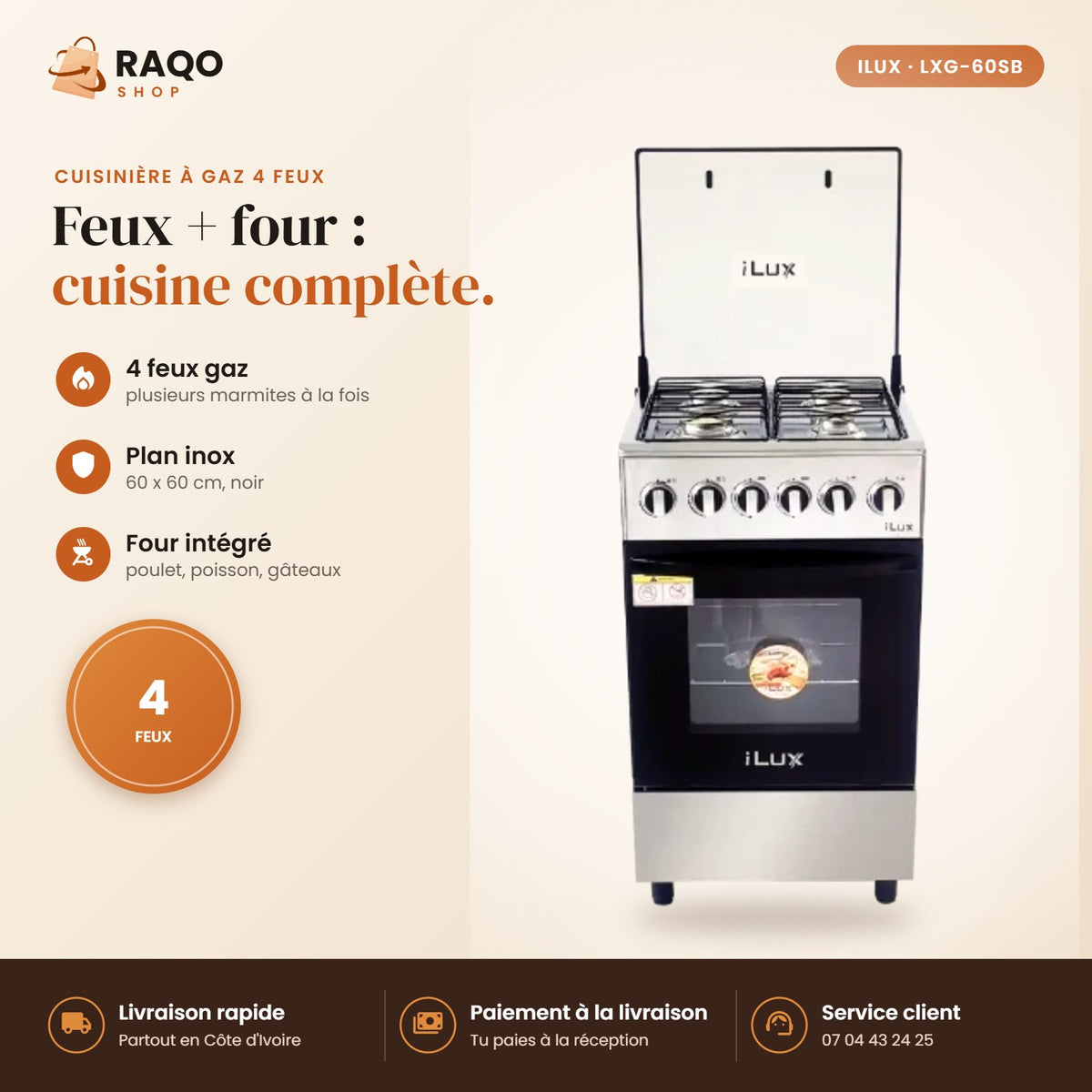Cuisinière à Gaz iLUX – 4 Feux – Noir - RAQO