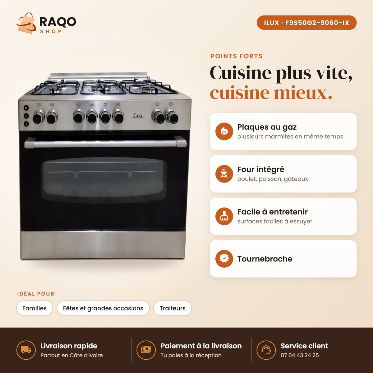 Cuisinière à Gaz iLUX – 5 Feux – Inox - RAQO (points forts)