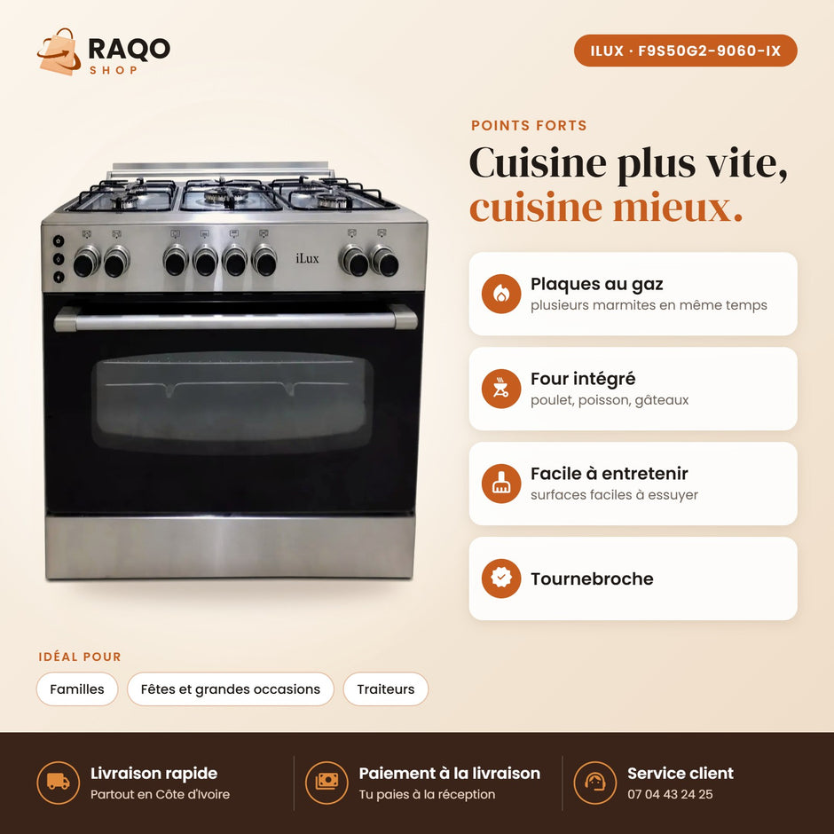 Cuisinière à Gaz iLUX – 5 Feux – Inox - RAQO (points forts)