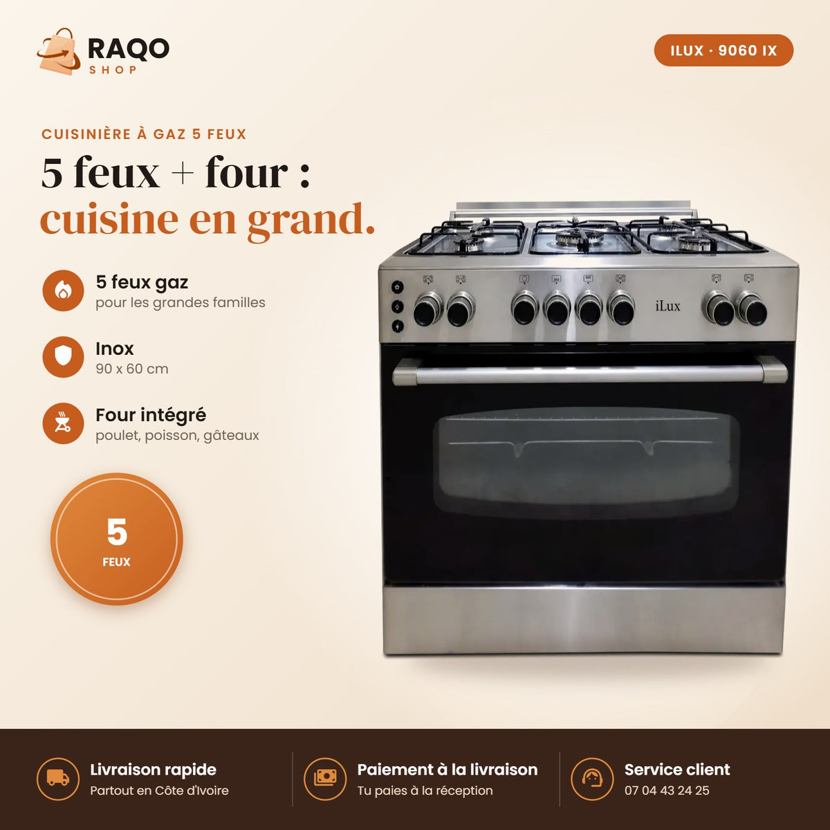 Cuisinière à Gaz iLUX – 5 Feux – Inox - RAQO
