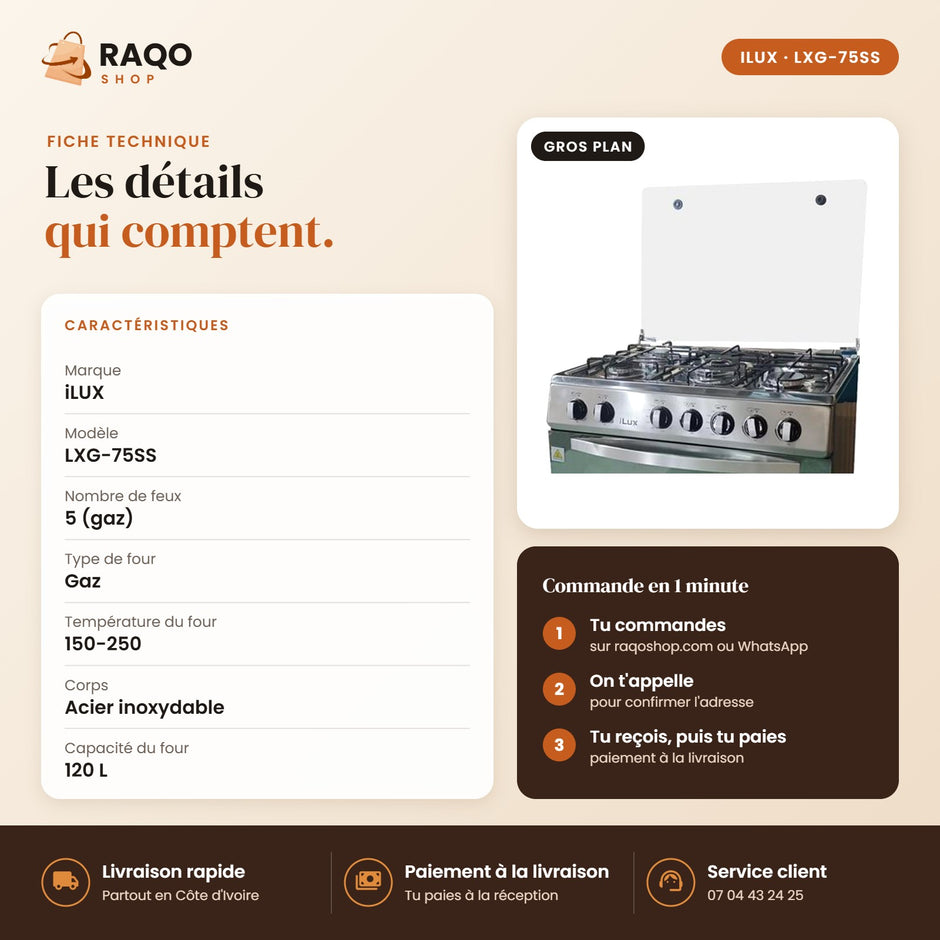 Cuisinière à Gaz iLUX – 5 Feux – Inox - RAQO (fiche technique)