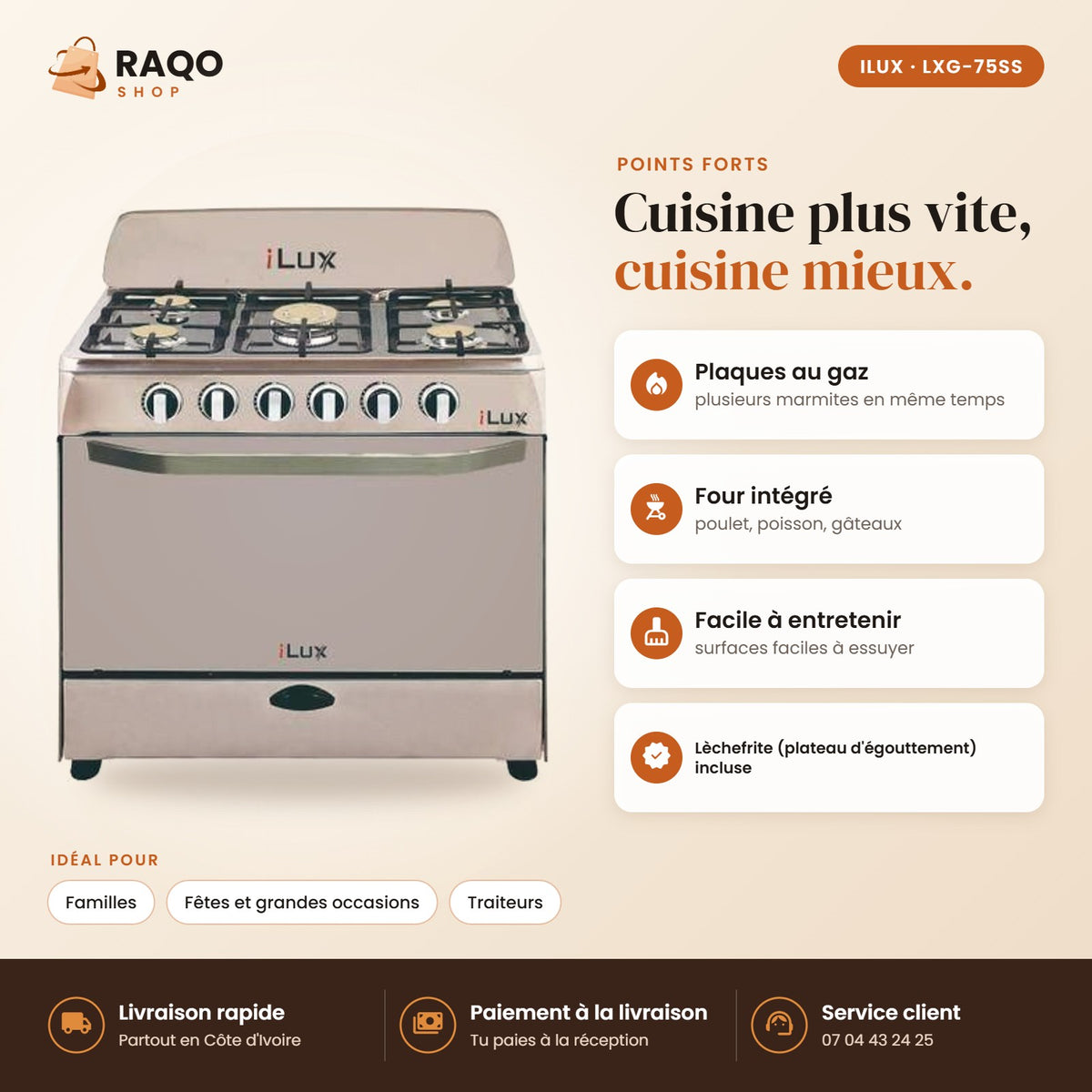 Cuisinière à Gaz iLUX – 5 Feux – Inox - RAQO (points forts)