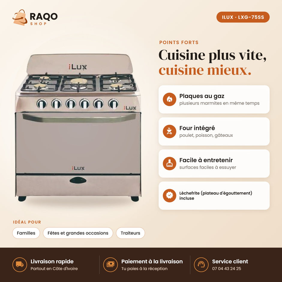 Cuisinière à Gaz iLUX – 5 Feux – Inox - RAQO (points forts)