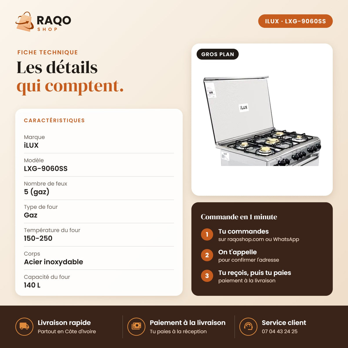 Cuisinière à Gaz iLUX – 5 Feux – Inox - RAQO (fiche technique)