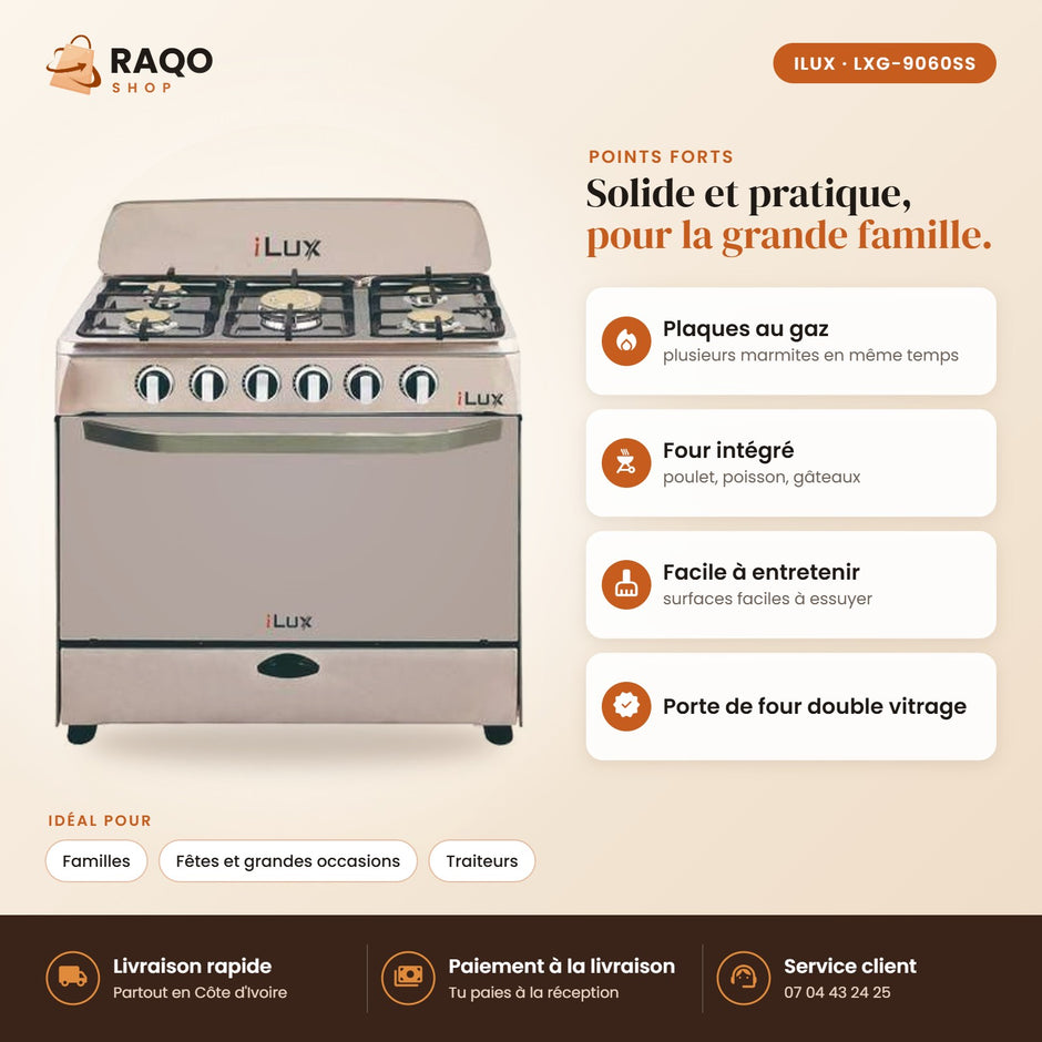 Cuisinière à Gaz iLUX – 5 Feux – Inox - RAQO (points forts)