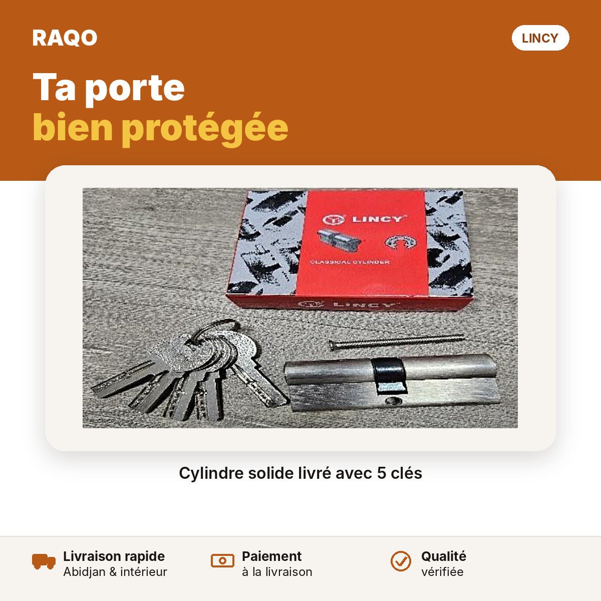 Cylindre de serrure Lincy 70 mm avec 5 clés – boîte rouge - RAQO