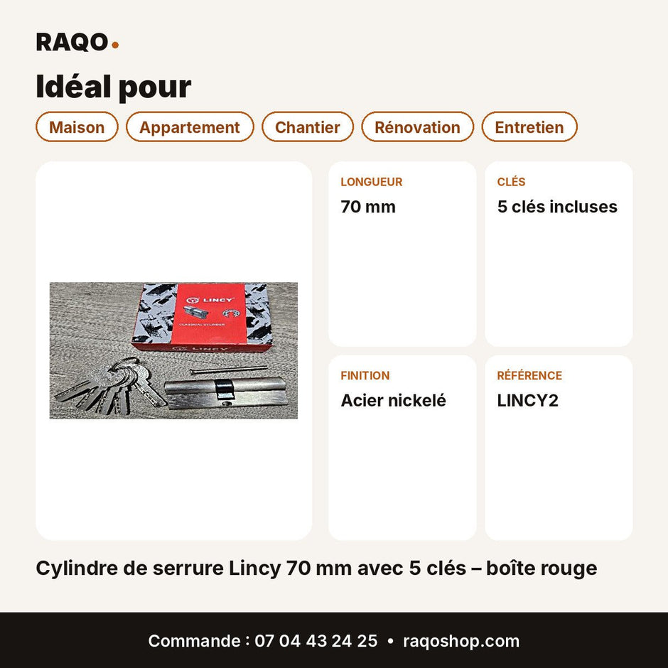 Cylindre de serrure Lincy 70 mm avec 5 clés – boîte rouge - RAQO