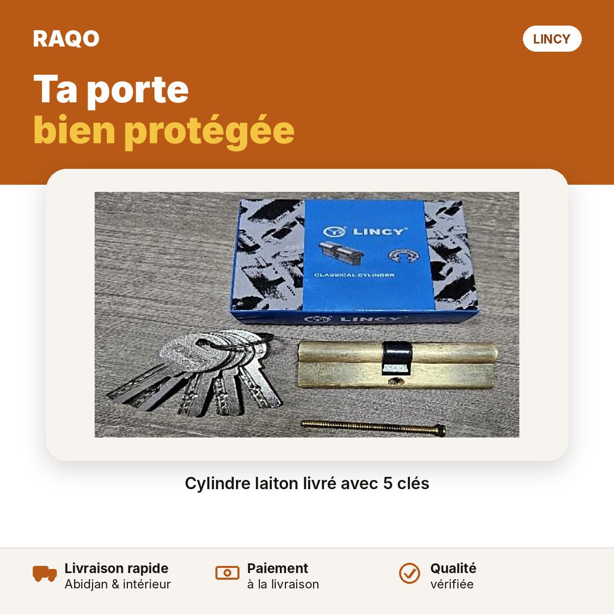 Cylindre de serrure Lincy 70 mm laiton avec 5 clés – boîte bleue - RAQO