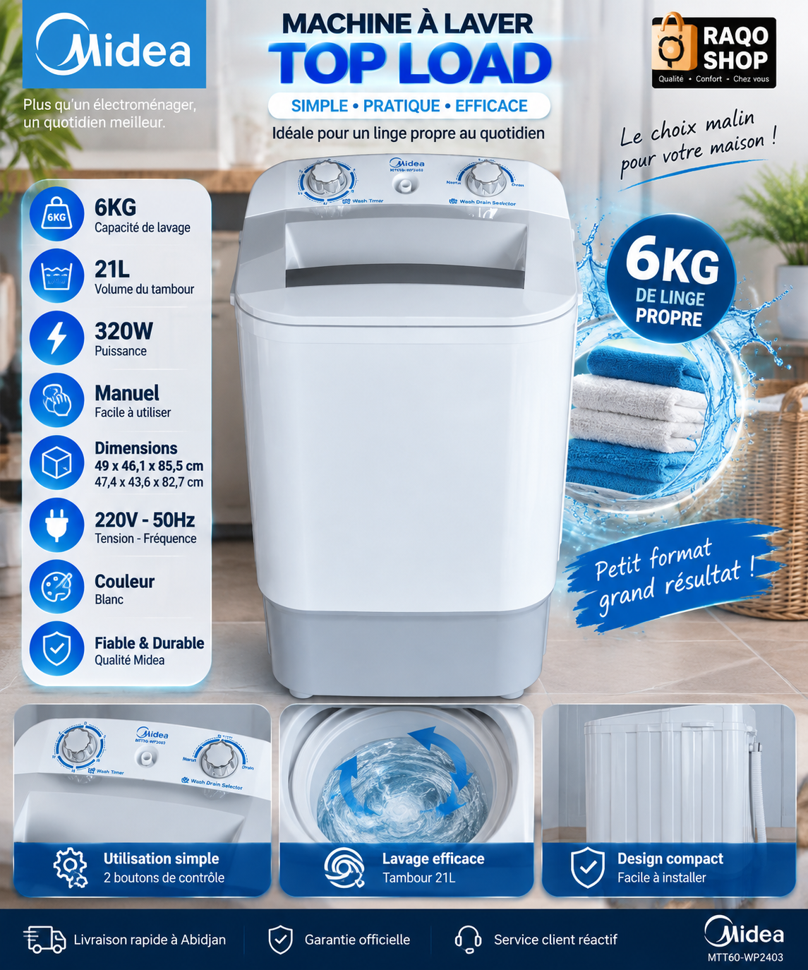 Machine à Laver Midea Top Load 6KG Blanc – Single Tub, 320W – MTT60-WP2403