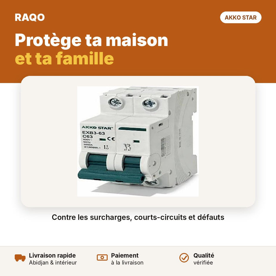 Disjoncteur modulaire sur rail 2 pôles 63A | Akko Star - RAQO