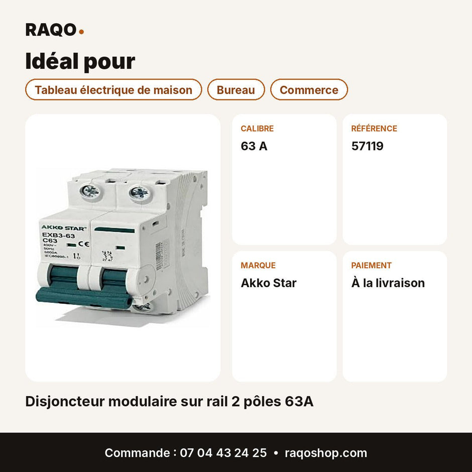Disjoncteur modulaire sur rail 2 pôles 63A | Akko Star - RAQO