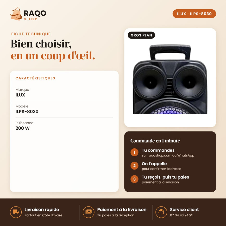 Enceinte Party Speaker iLUX – 200 W – Bluetooth - RAQO (fiche technique)