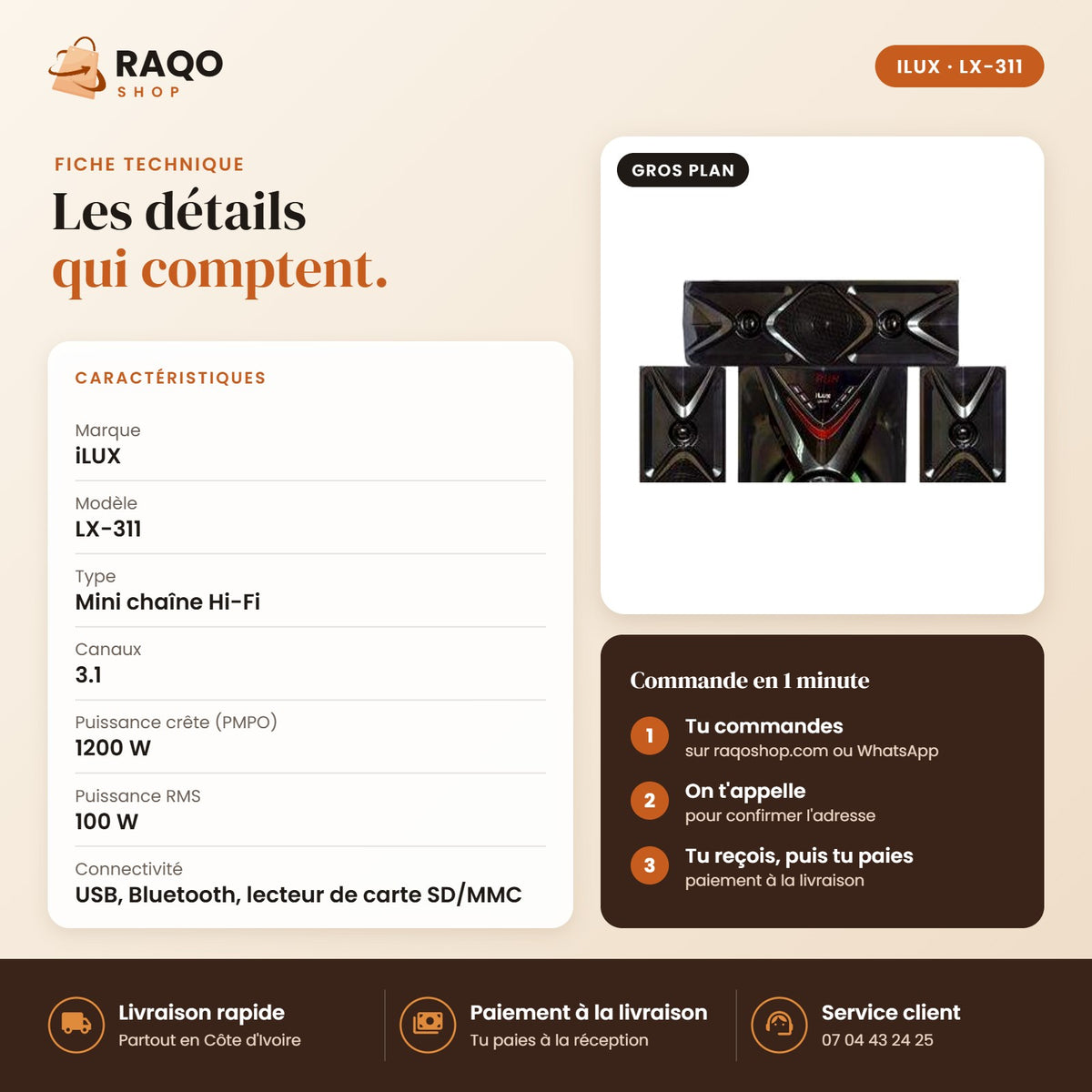 Mini Chaîne Hi-Fi 3.1 iLUX – Bluetooth - RAQO (fiche technique)