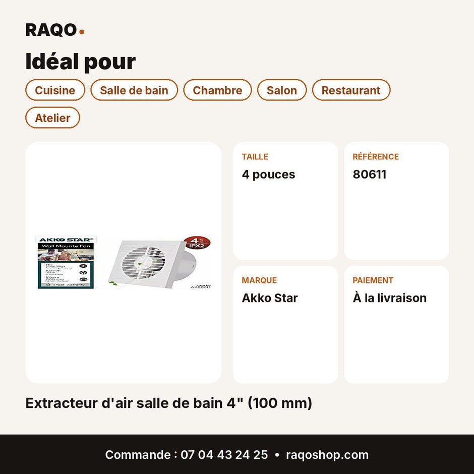 Extracteur d'air salle de bain 4" (100 mm) | Akko Star - RAQO