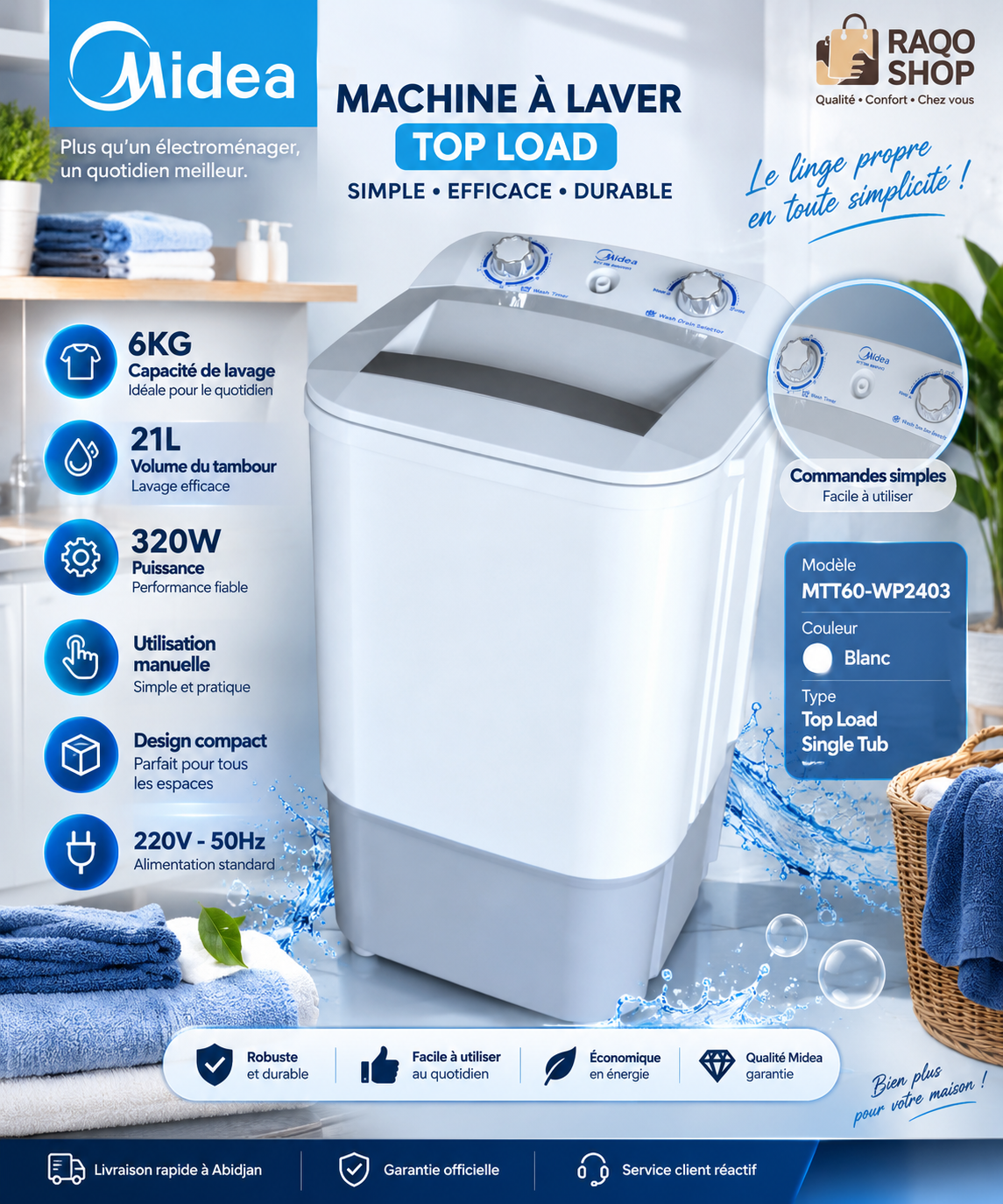 Machine à Laver Midea Top Load 6KG Blanc – Single Tub, 320W – MTT60-WP2403