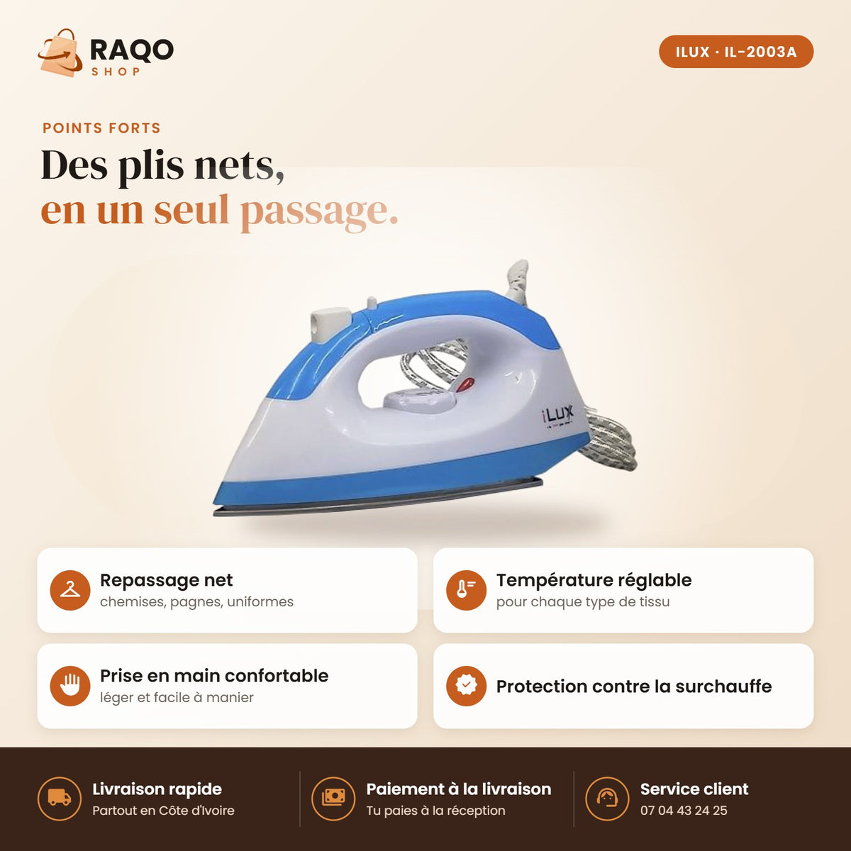 Fer à Repasser iLUX – 1000 W - RAQO (points forts)