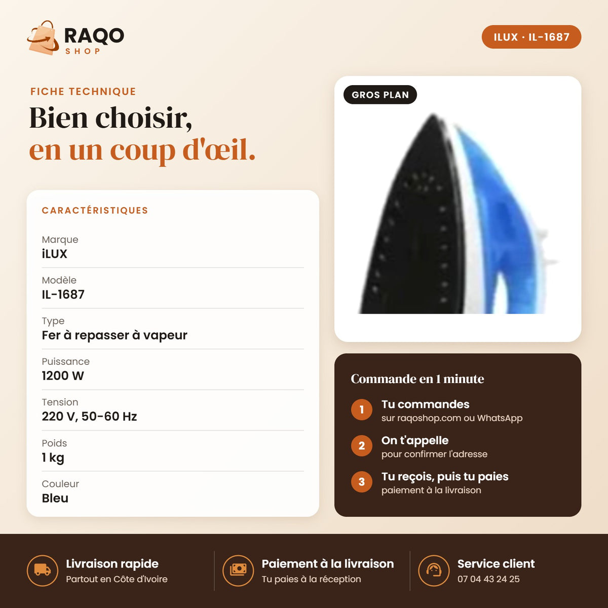 Fer à Repasser iLUX – 1200 W - RAQO (fiche technique)