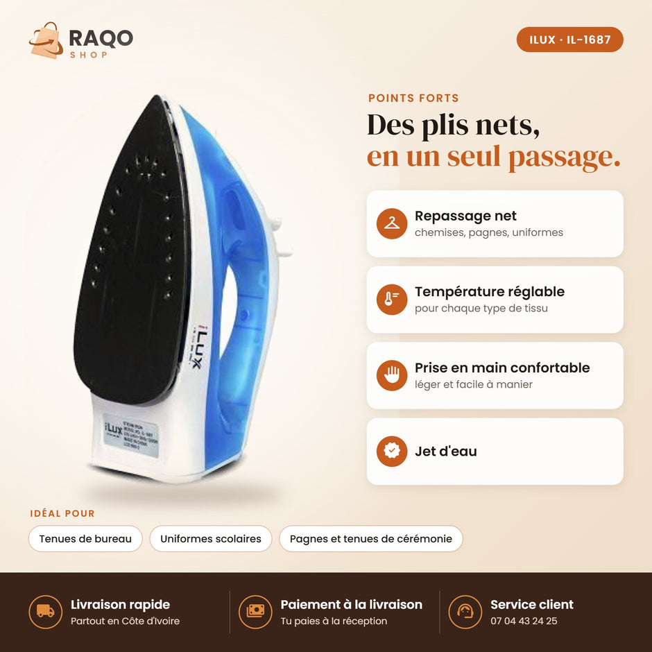 Fer à Repasser iLUX – 1200 W - RAQO (points forts)