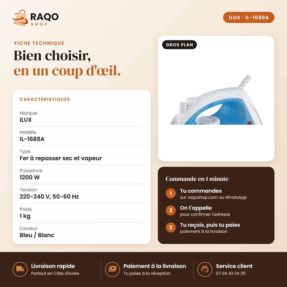 Fer à Repasser iLUX – 1200 W - RAQO (fiche technique)