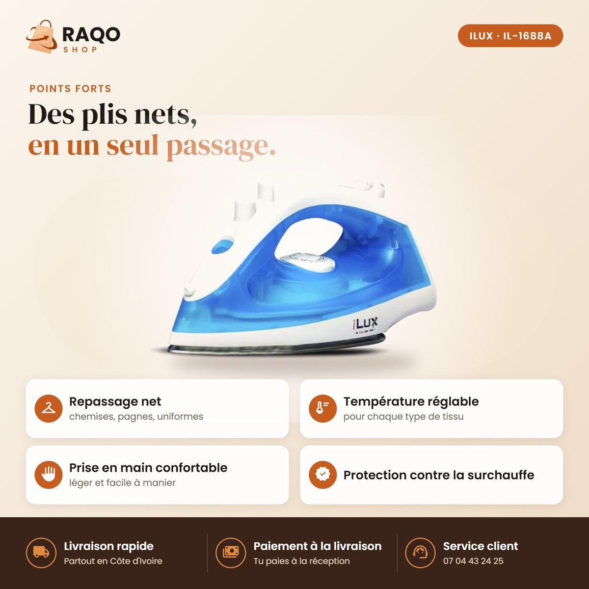 Fer à Repasser iLUX – 1200 W - RAQO (points forts)