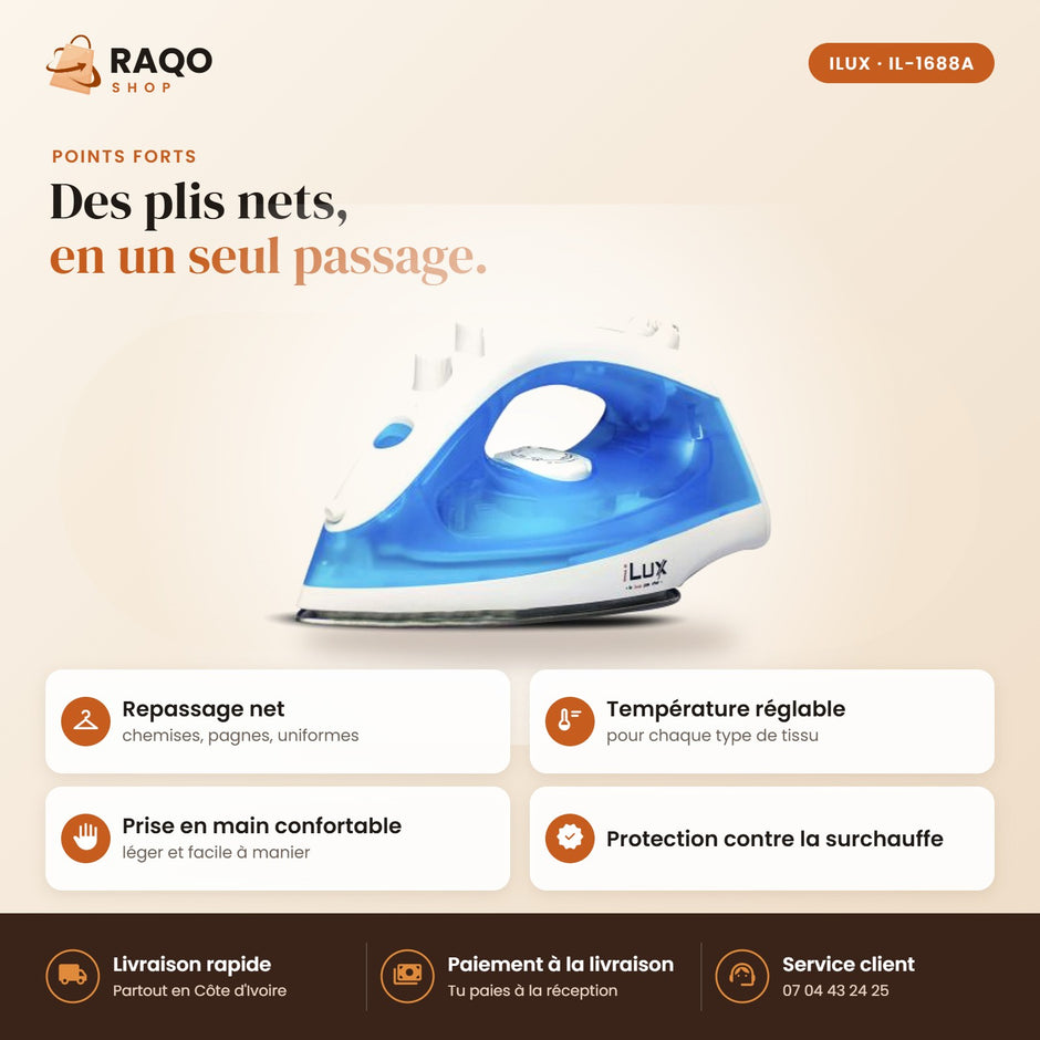 Fer à Repasser iLUX – 1200 W - RAQO (points forts)
