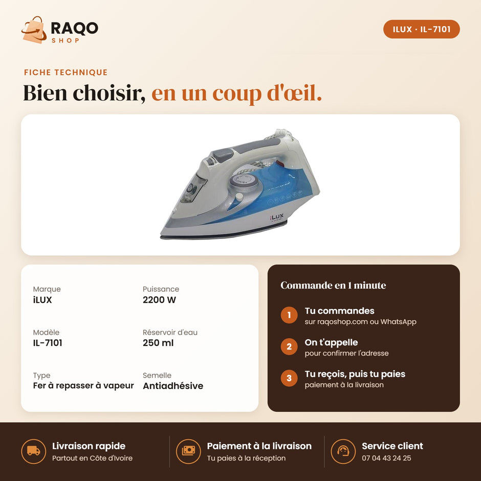 Fer à Repasser iLUX – 2200 W - RAQO (fiche technique)