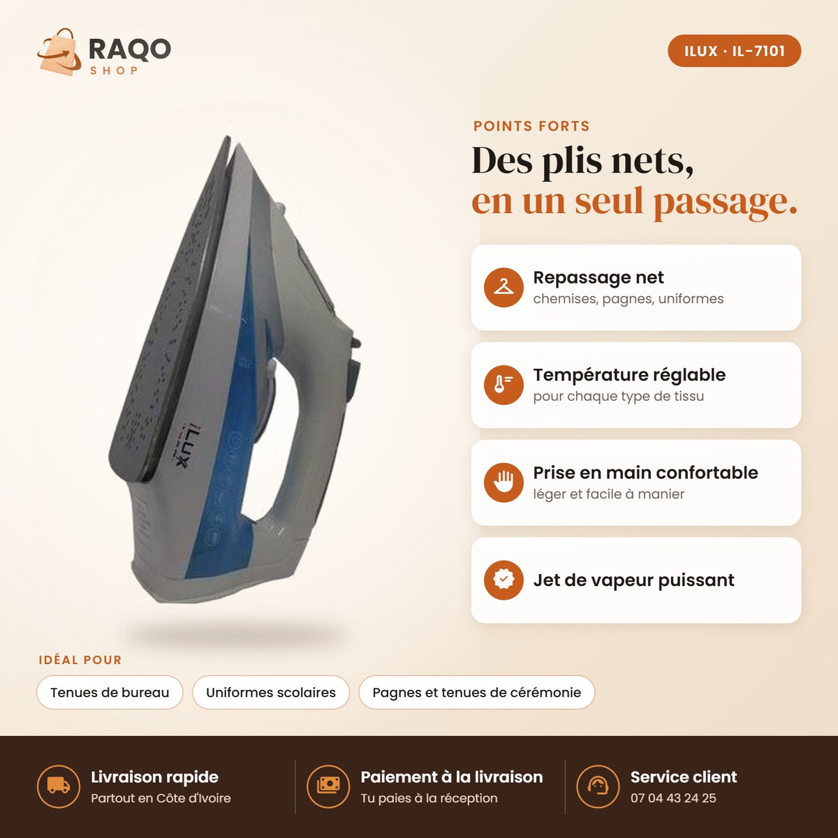 Fer à Repasser iLUX – 2200 W - RAQO (points forts)