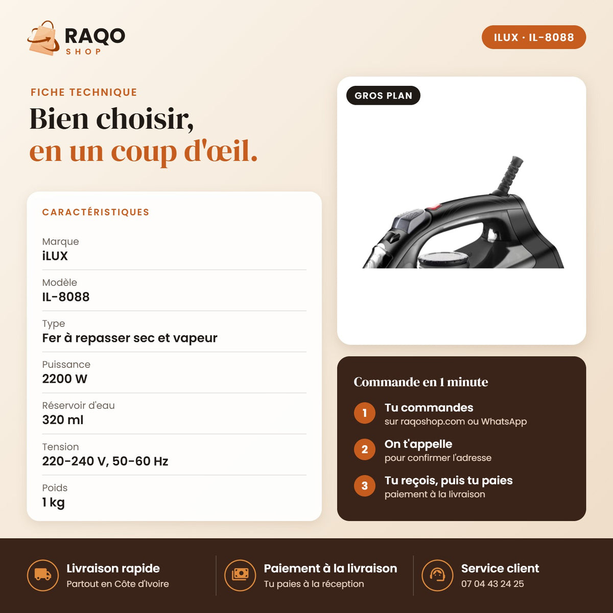 Fer à Repasser iLUX – 2200 W - RAQO (fiche technique)