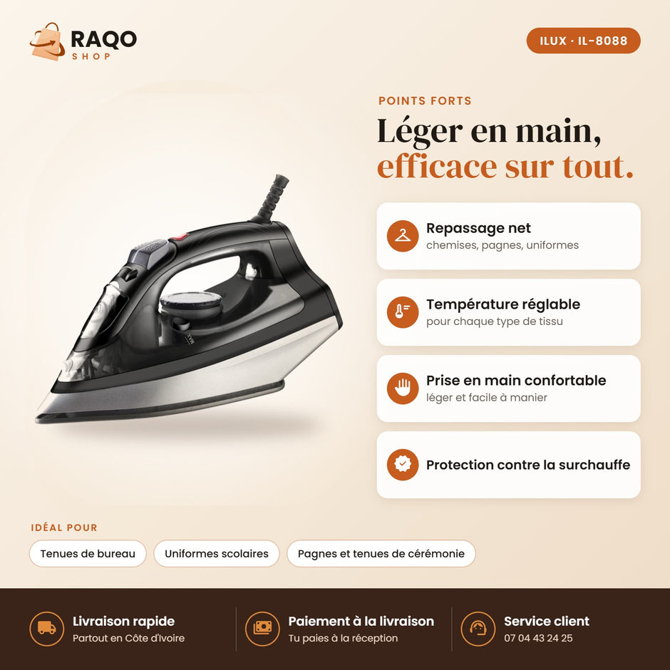 Fer à Repasser iLUX – 2200 W - RAQO (points forts)