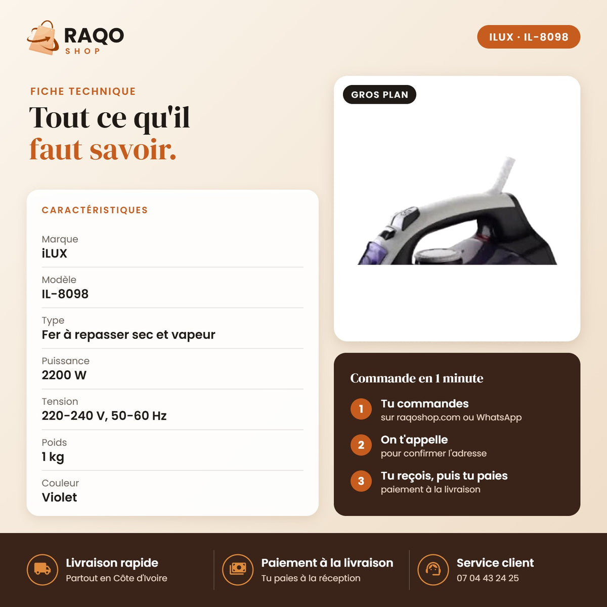 Fer à Repasser iLUX – 2200 W - RAQO (fiche technique)