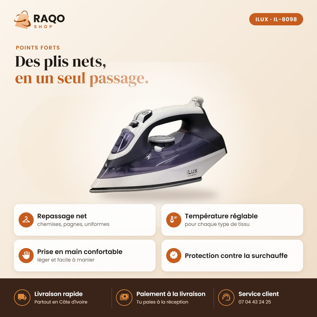 Fer à Repasser iLUX – 2200 W - RAQO (points forts)