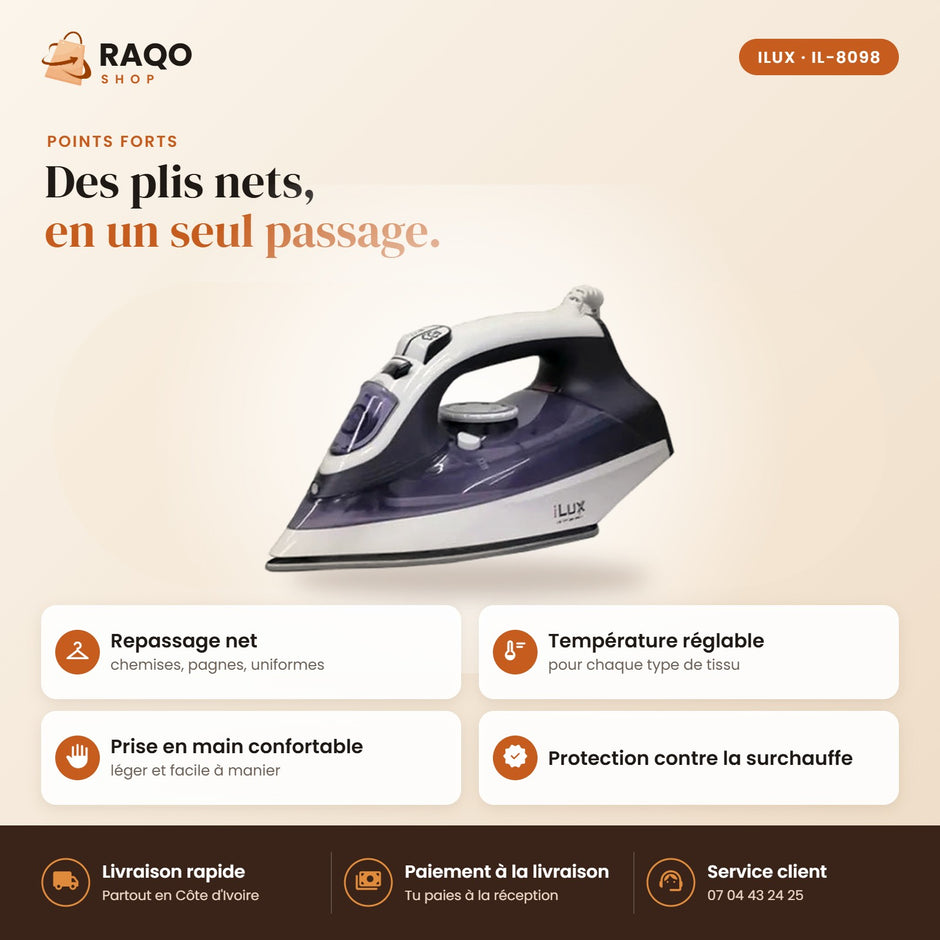 Fer à Repasser iLUX – 2200 W - RAQO (points forts)