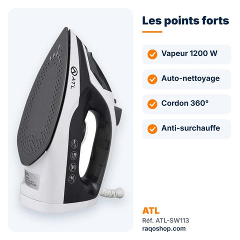 Fer à repasser vapeur ATL 1200W noir et blanc – ATL-SW113 - RAQO