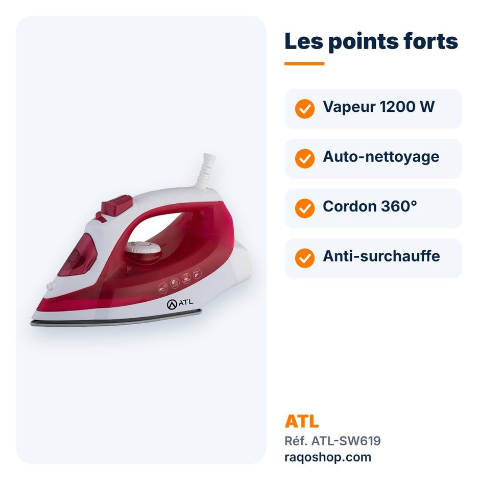 Fer à repasser vapeur ATL 1200W rouge et blanc – ATL-SW619 - RAQO