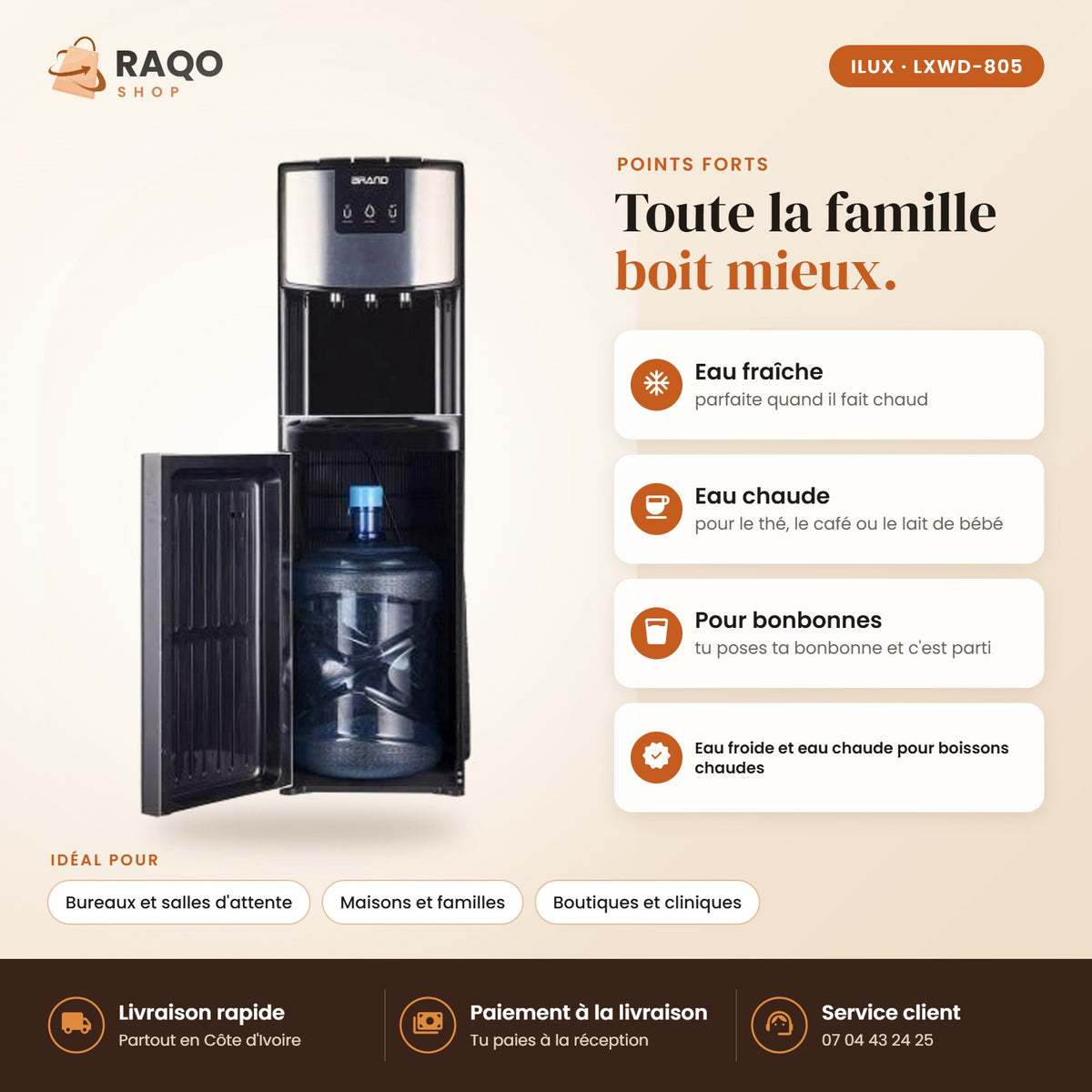 Fontaine à Eau iLUX – 500 W – Noir - RAQO (points forts)