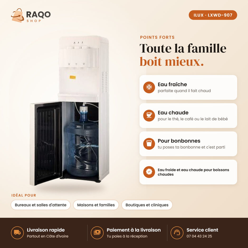 Fontaine à Eau iLUX – 550 W – Blanc - RAQO (points forts)