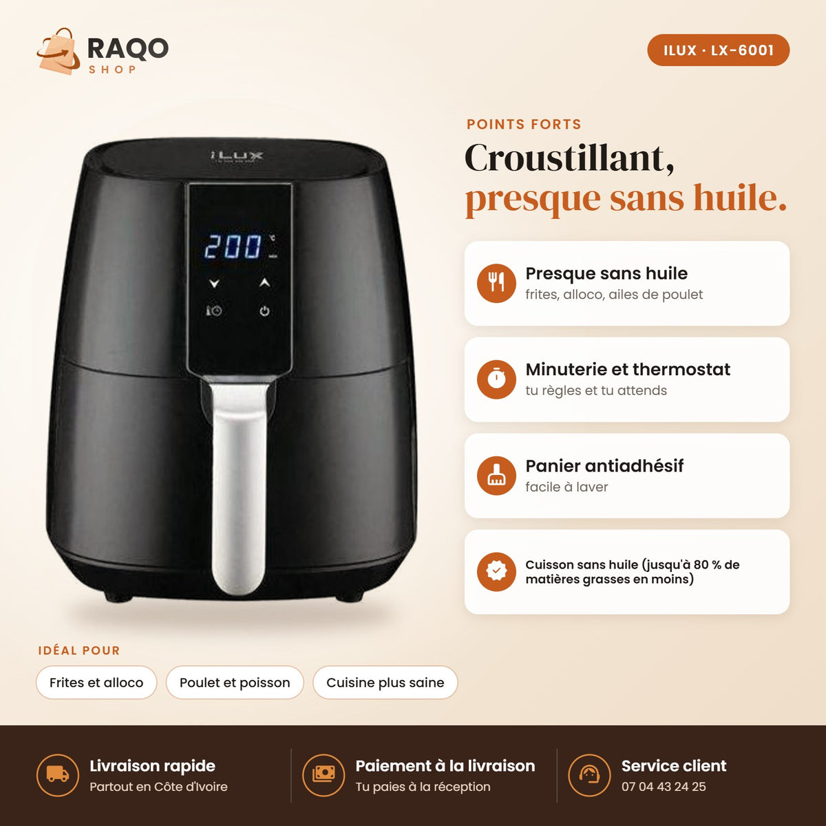 Friteuse Sans Huile (Air Fryer) iLUX - RAQO (points forts)