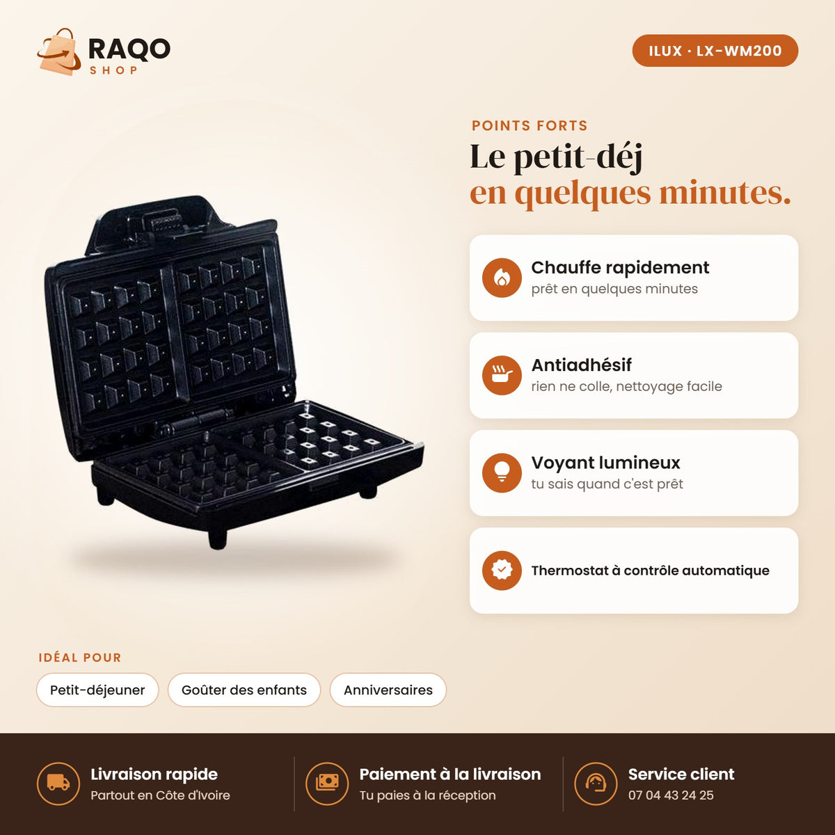 Gaufrier Électrique iLUX – 750 W - RAQO (points forts)