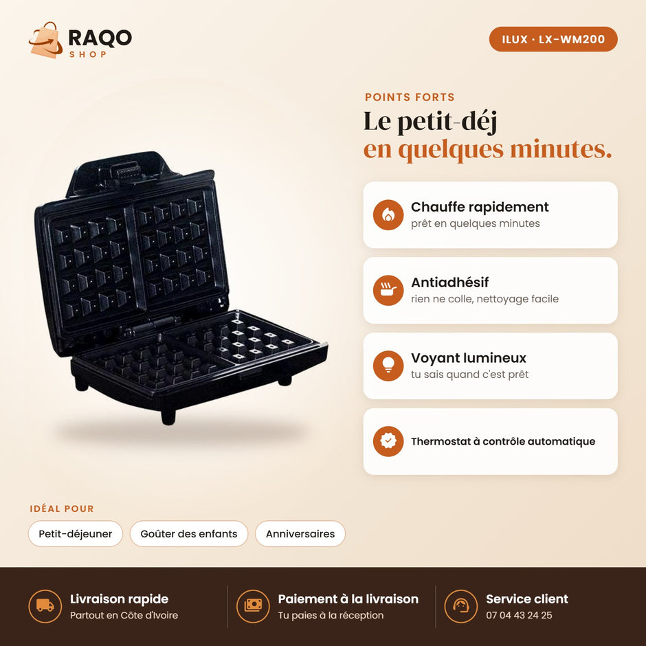 Gaufrier Électrique iLUX – 750 W - RAQO (points forts)