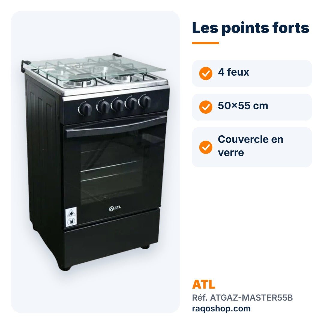 Gazinière ATL 4 feux 50×55 cm noire – ATGAZ-MASTER55B - RAQO
