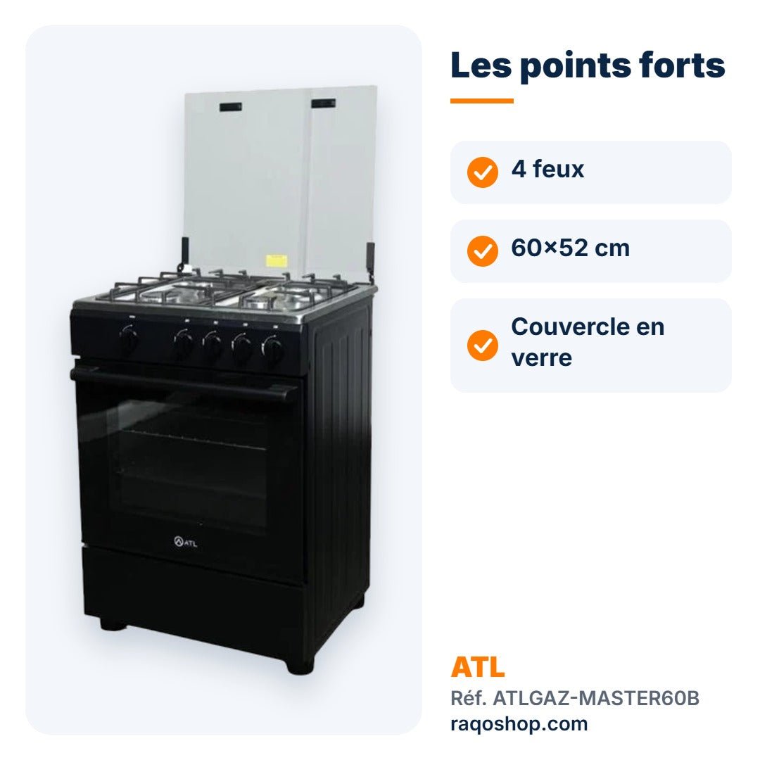 Gazinière ATL 4 feux 60×52 cm noire – ATLGAZ-MASTER60B - RAQO