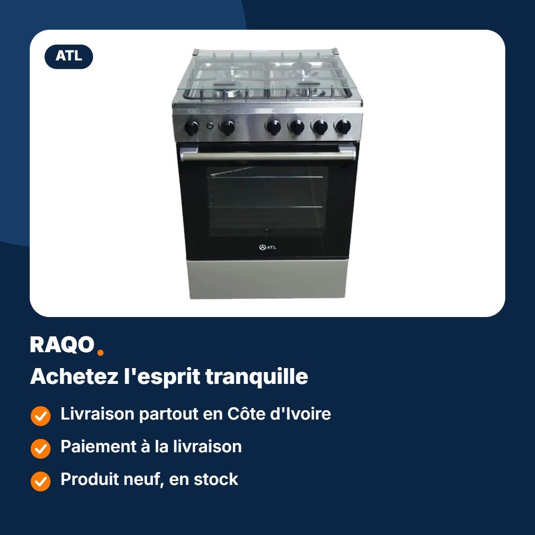 Gazinière ATL 4 feux 60×60 cm inox avec four et tournebroche – ATLGAZ-PRESTIGE60S - RAQO