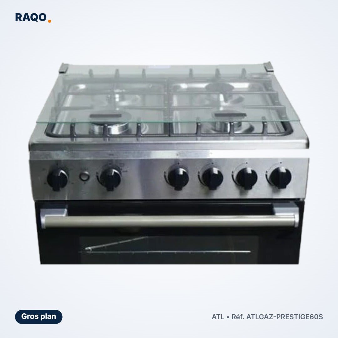 Gazinière ATL 4 feux 60×60 cm inox avec four et tournebroche – ATLGAZ-PRESTIGE60S - RAQO