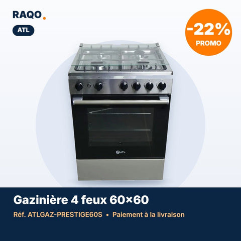Gazinière ATL 4 feux 60×60 cm inox avec four et tournebroche – ATLGAZ-PRESTIGE60S - RAQO