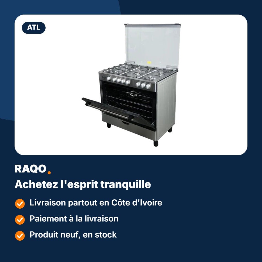Gazinière ATL 5 feux 90×60 cm inox avec four et tournebroche – ATLGAZ-PRESTIGE90S - RAQO